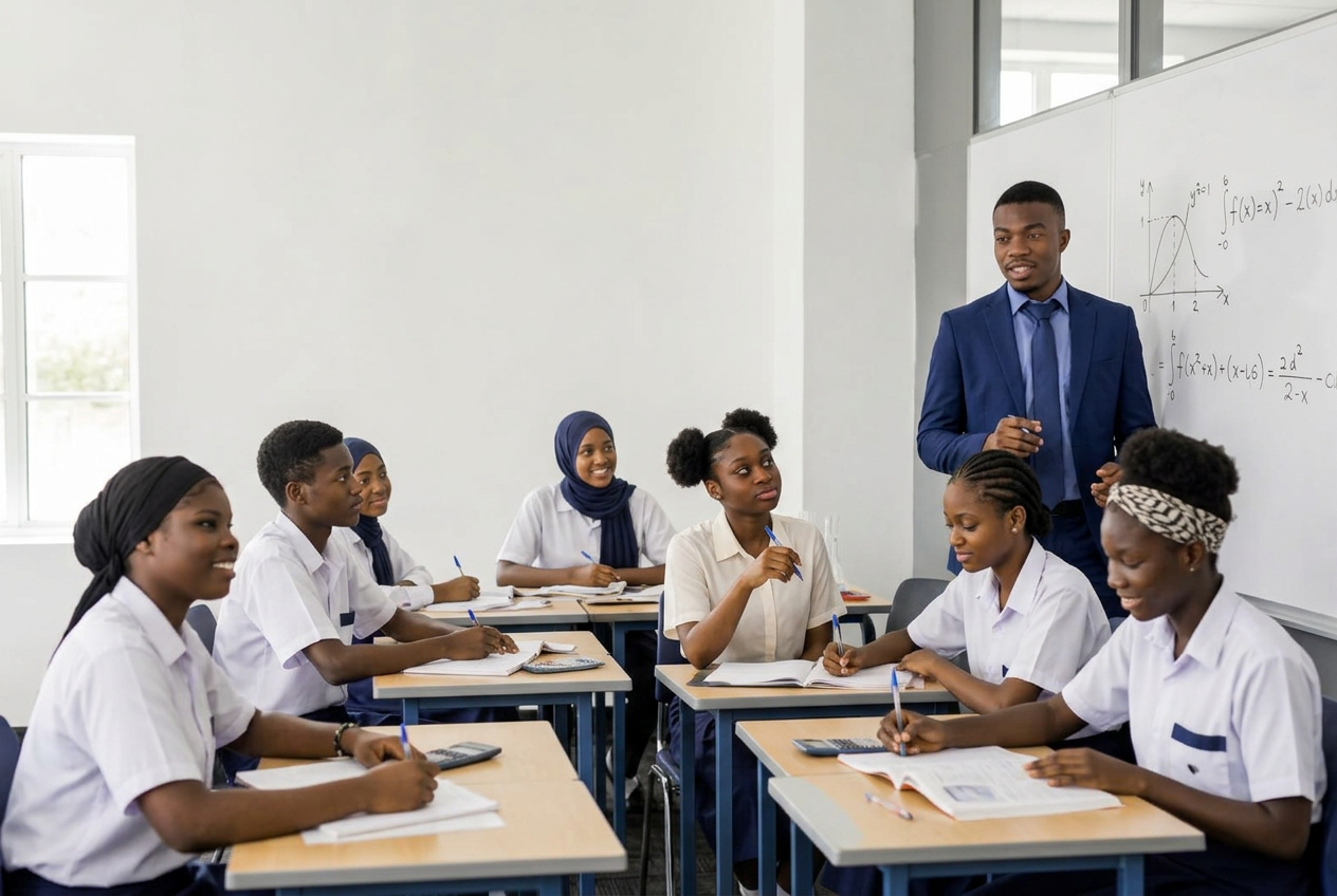 Élèves guinéens en cours de sciences avec leur professeur